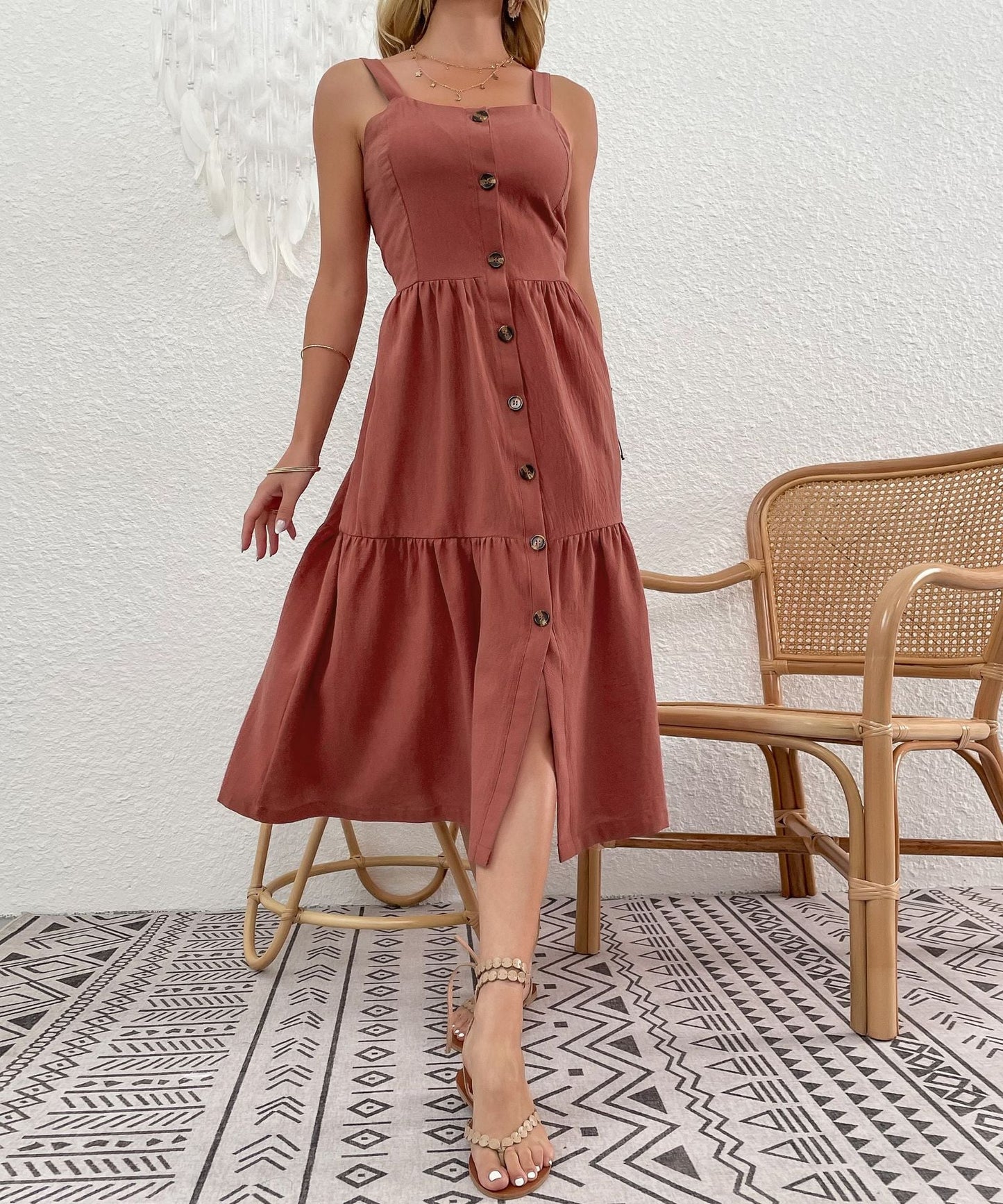 Damen Midi-Kleid Knöpfe Lässig