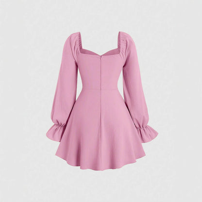 Damen Minikleid Puffärmel Herz-Ausschnitt Rot