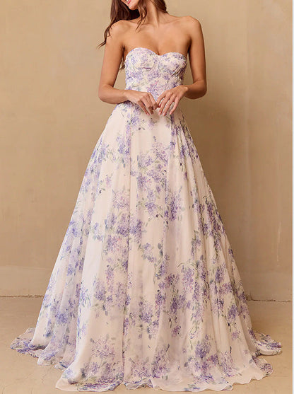 Damen Hochzeitskleid Sweetheart-Ausschnitt Florales Chiffon Weiß