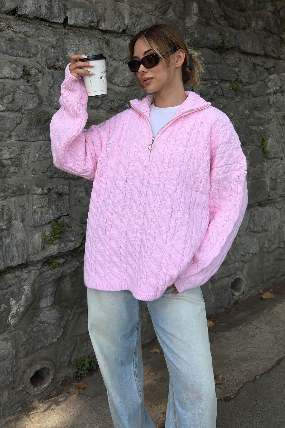 Damen Strickpullover Doppelreißverschluss Hochkragen Norvielle