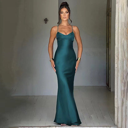 Damen Maxi-Kleid Langarm mit Verstellbaren Trägern Figurbetonter