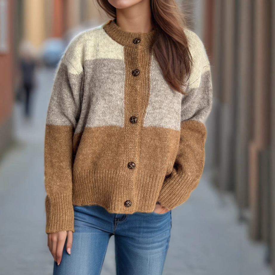 Damen Strickjacke Kuschelig Farbblockdesign Dekorative Knöpfe