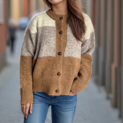 Damen Strickjacke Kuschelig Farbblockdesign Dekorative Knöpfe