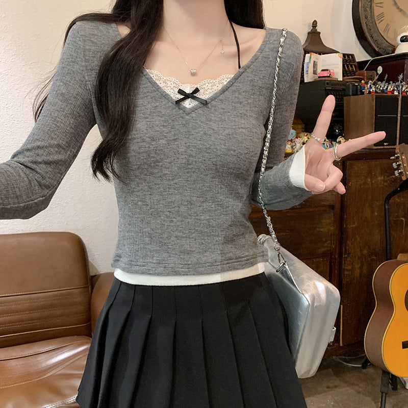 Damen Langarmshirt V-Ausschnitt Spitze Weiß