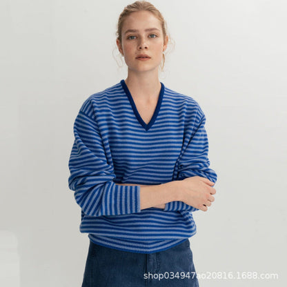 Damen Feinstrickpullover V-Ausschnitt Streifenmuster - Norvielle
