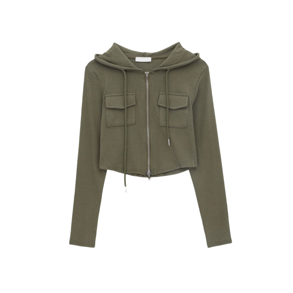 Damen Cropped Freizeitjacke Reißverschluss Kapuze Norvielle