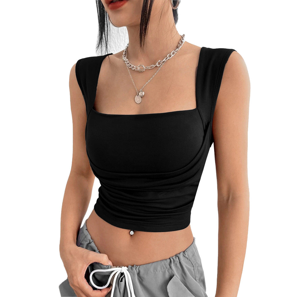 Damen Cropped Tanktop Raffiniert Rundhals Quadratisch Weiß