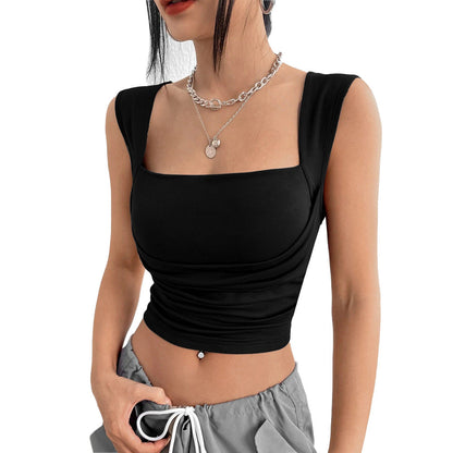 Damen Cropped Tanktop Raffiniert Rundhals Quadratisch Weiß