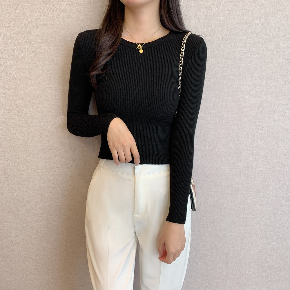 Damen Rippstrickpullover Enganliegend Rundhalsausschnitt Norvielle