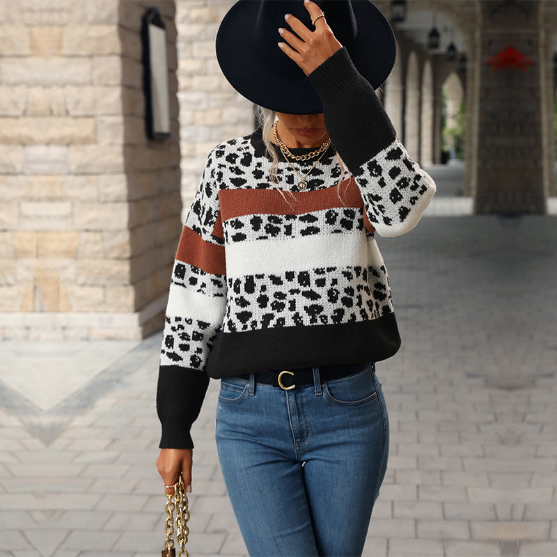 Damen Strickpullover Gemustert Animal-Print Farbblockdesign