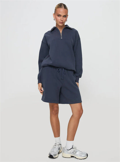 Damen Sweatshirt-Short-Anzug Stehkragen Reißverschluss Beige