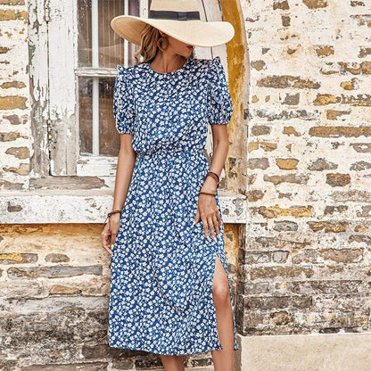 Damen Midi-Kleid Florale Rüschendetails Seitlicher Schlitz