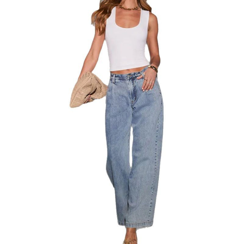 Damen Weite Jeanshose Hochbund Lässig Norvielle