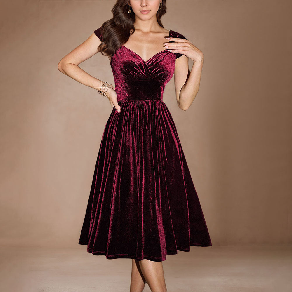 Damen Samt-Kleid Midi V-Ausschnitt Elegantes Taillieren Dunkelblau - Norvielle