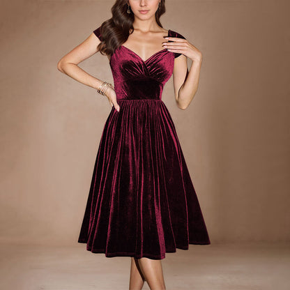 Damen Samt-Kleid Midi V-Ausschnitt Elegantes Taillieren Dunkelblau - Norvielle