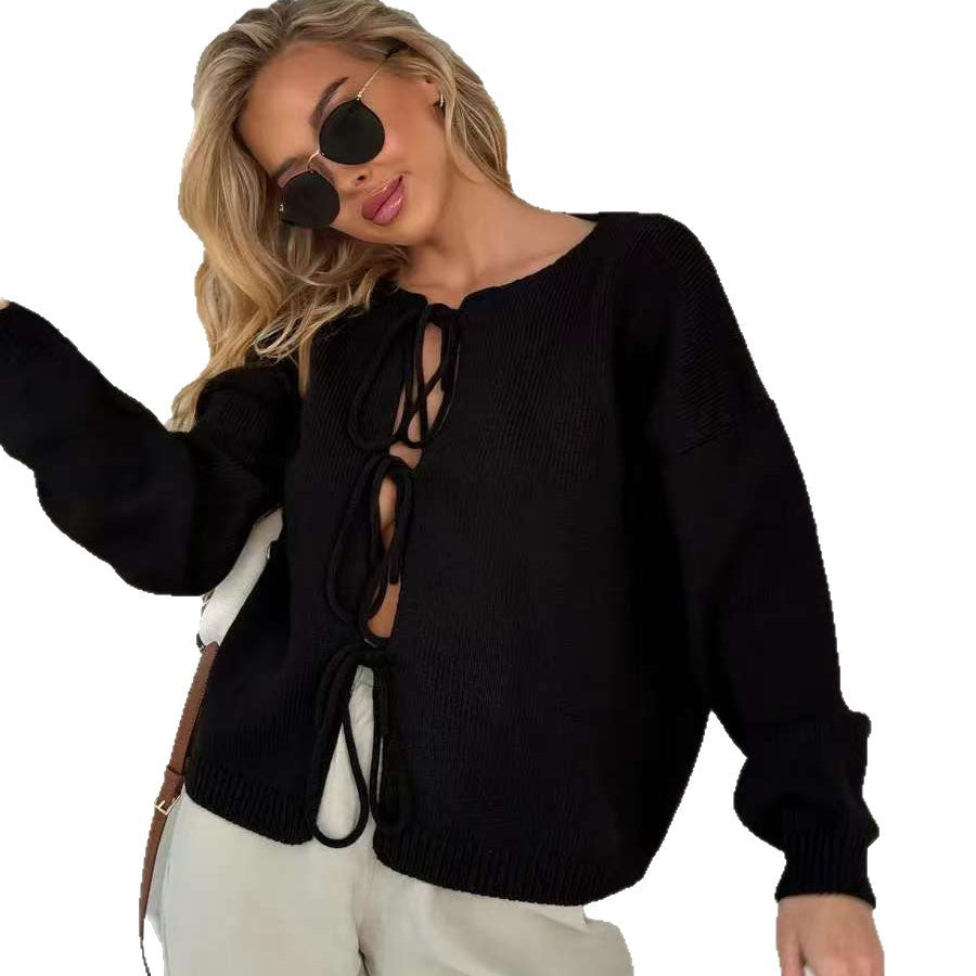 Damen Grobstrickpullover Lässiger Schnitt Mit Bindebändern Beige