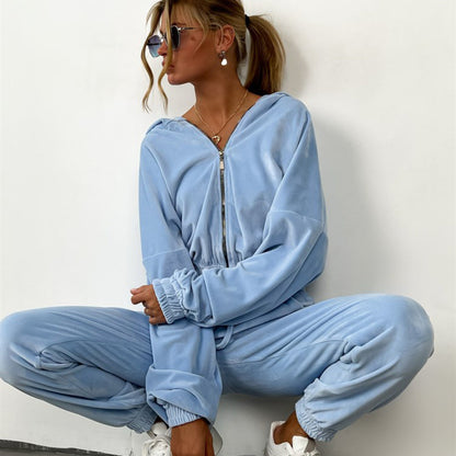 Damen Velours Jogginganzug mit Kapuze und Kordelzug