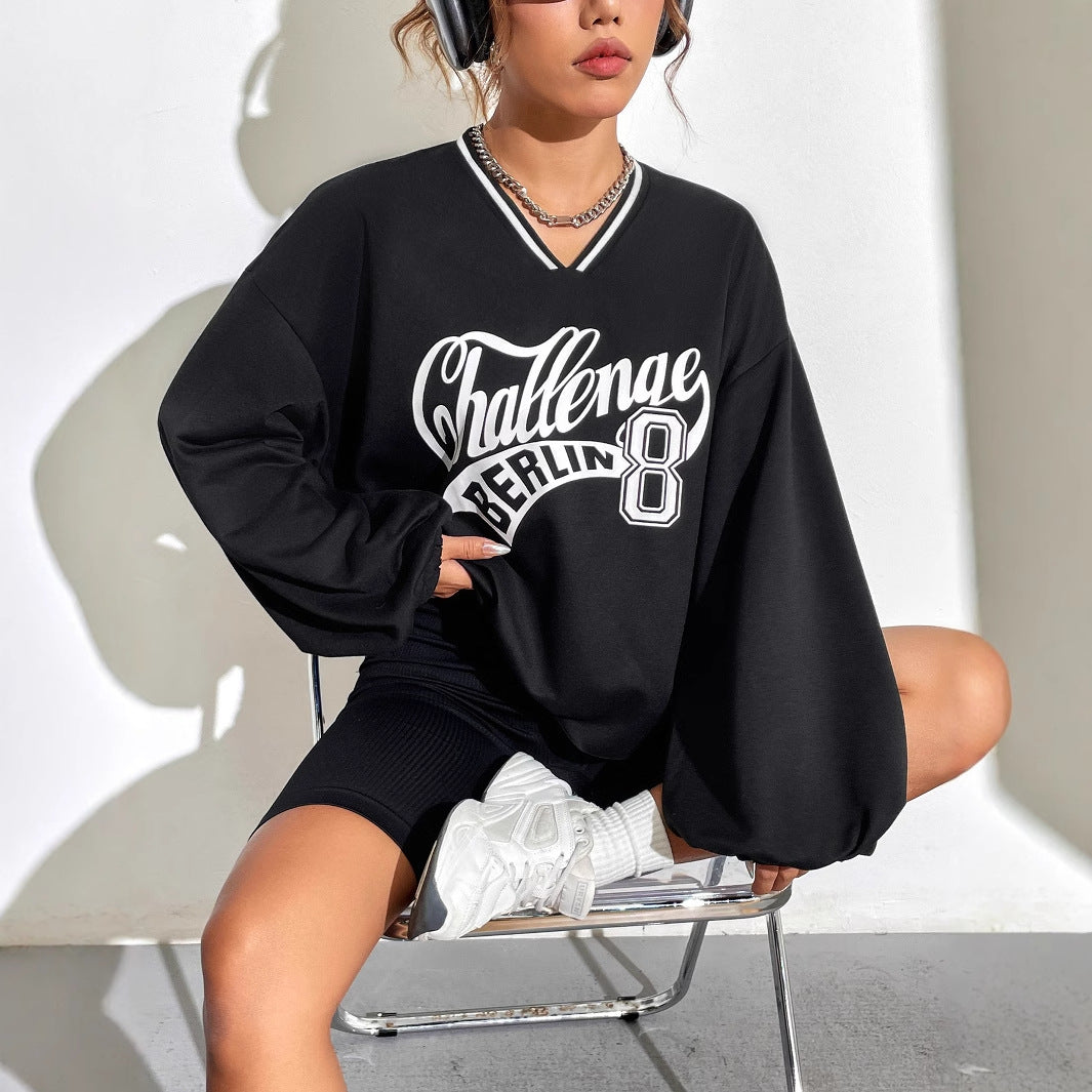 Damen Oversized Sweatshirt V-Ausschnitt Grafikprint Norvielle