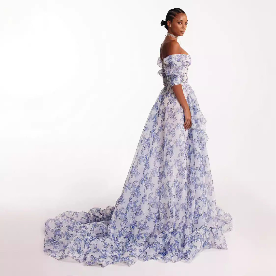 Damen Maxikleid Schulterfrei Florale Rüschendetails