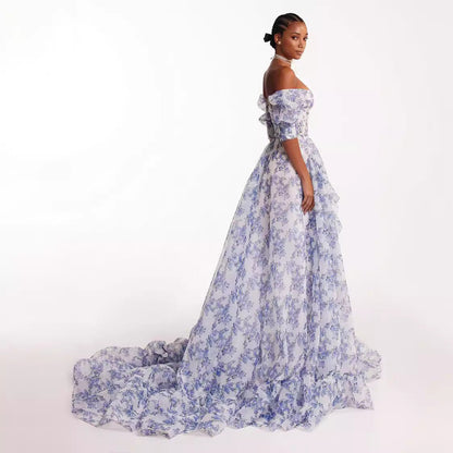 Damen Maxikleid Schulterfrei Florale Rüschendetails