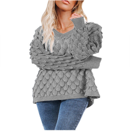 Damen Grobstrickpullover V-Ausschnitt Wellenmuster Norvielle
