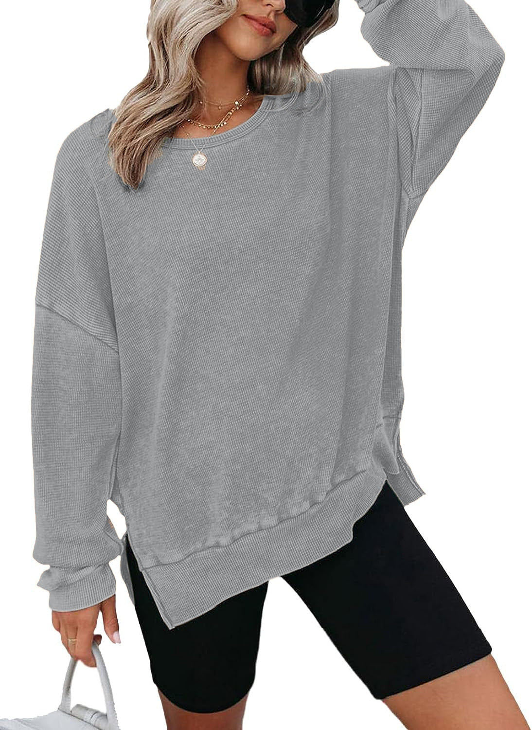 Damen Waffelpullover Mit Seitenschlitzen Norvielle