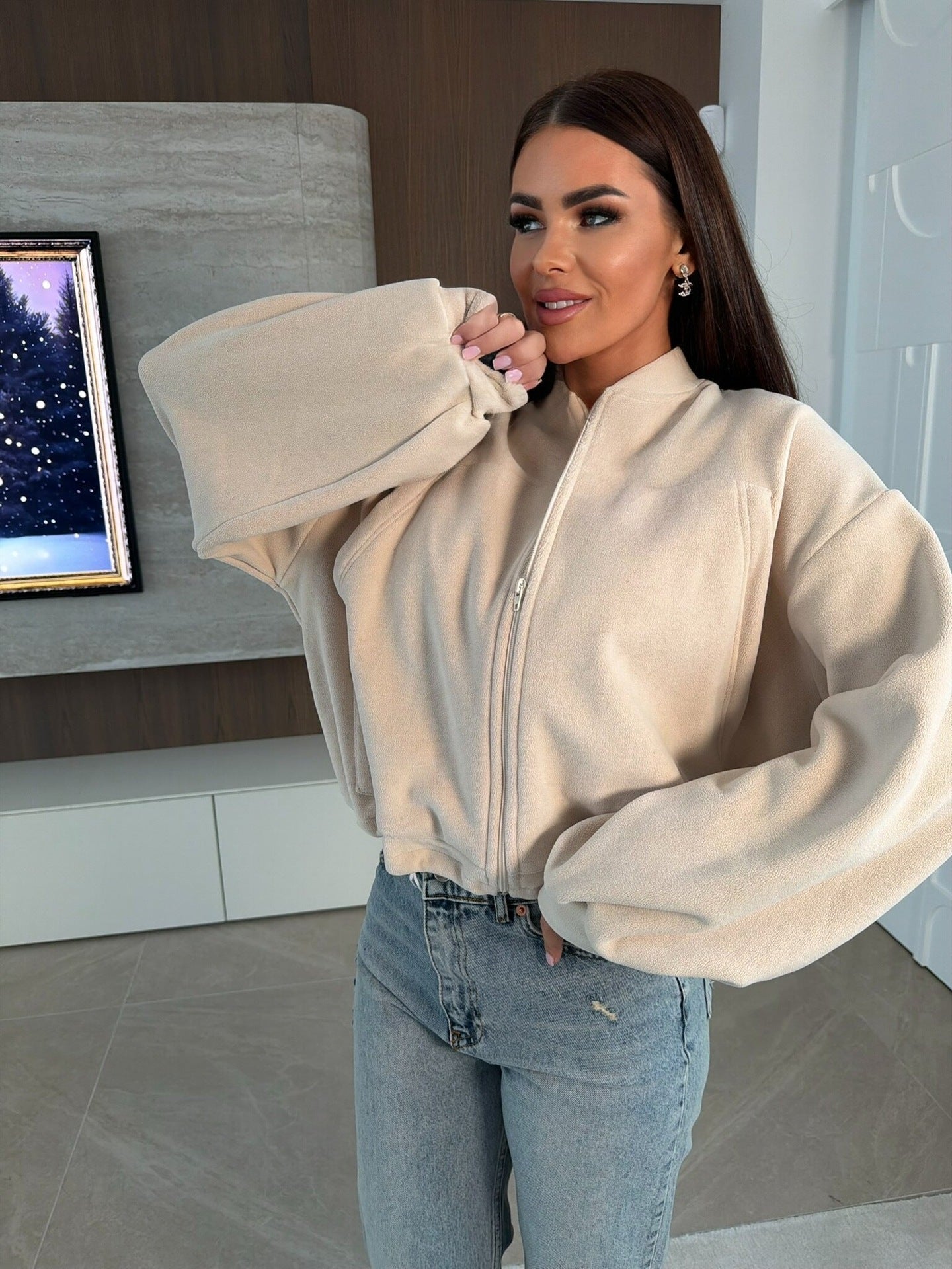 Damen Fleece-Jacke Hochkragen Reißverschluss