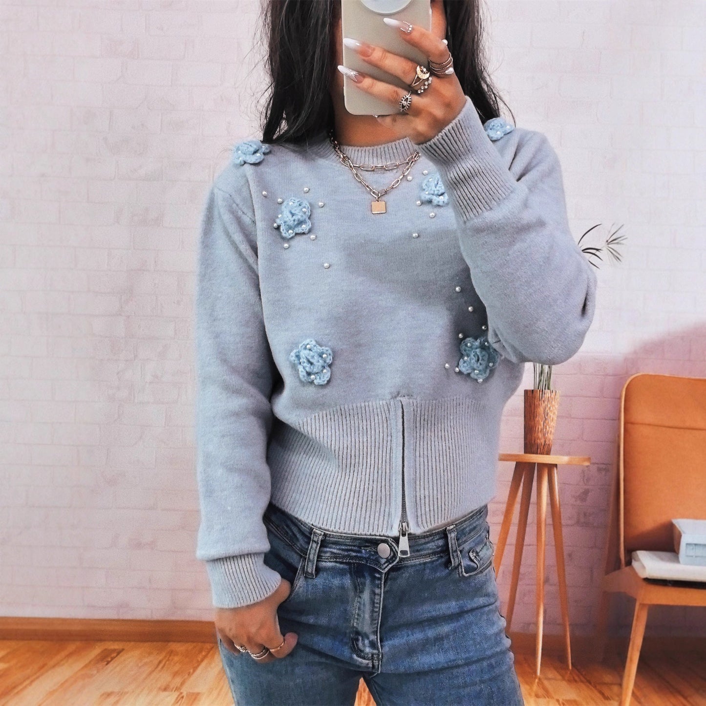Damen Strickpullover mit Blumenapplikationen und Perlen Norvielle