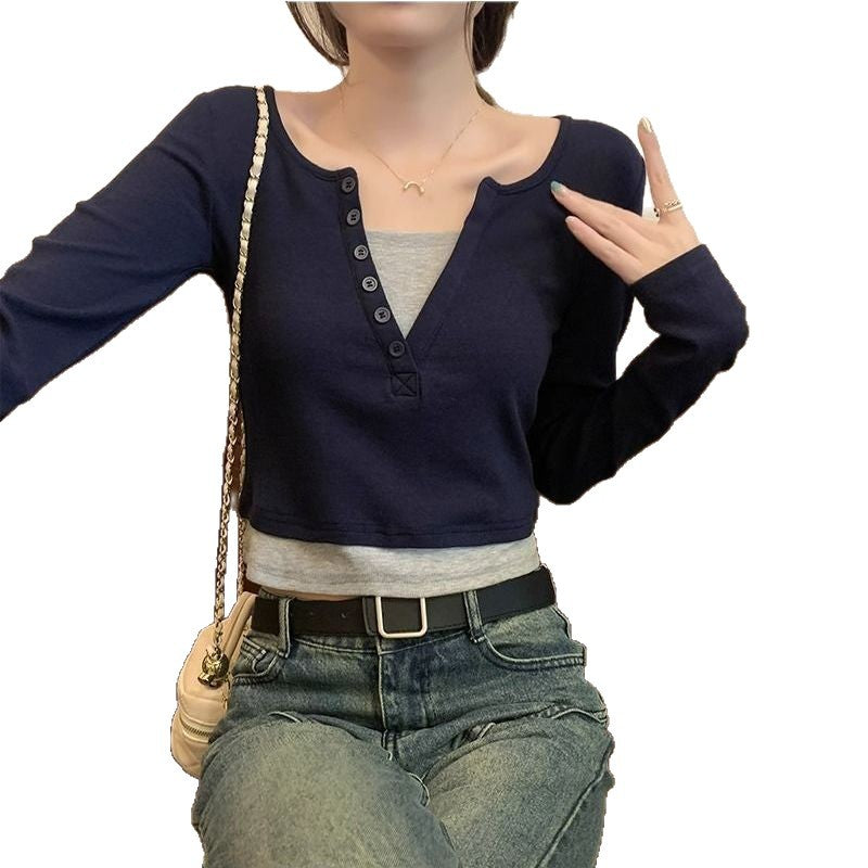Damen Langarmshirt Rundhalsausschnitt Knopfleiste Norvielle