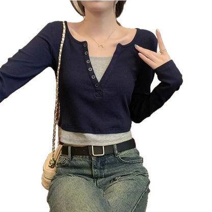 Damen Langarmshirt Rundhalsausschnitt Knopfleiste Norvielle