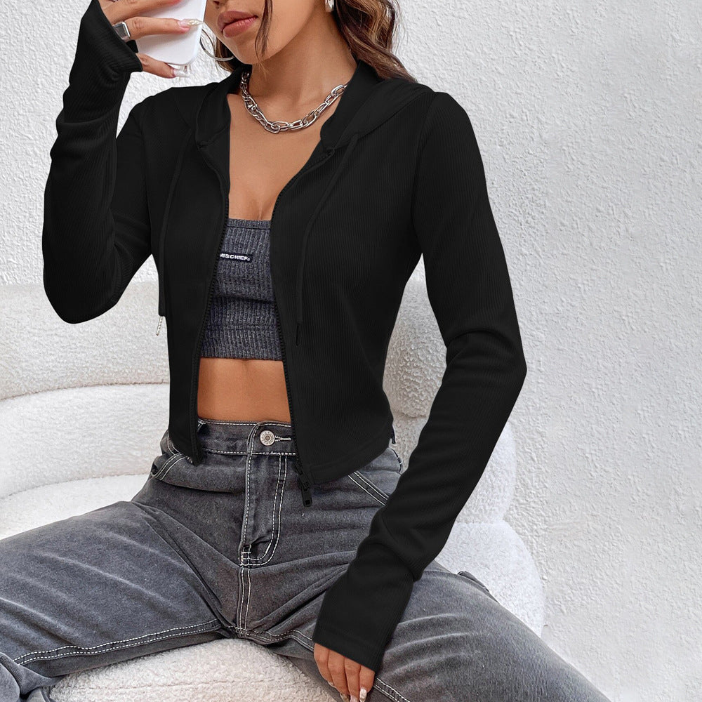 Damen Cropped Hoodie Kapuzenpullover mit Reißverschluss