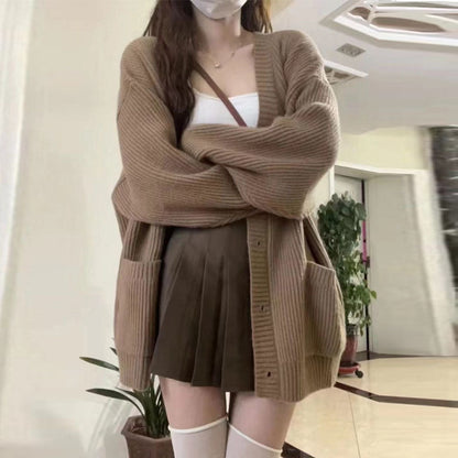 Damen Strickcardigan Elegantes Design Offene Taschen Beige - Norvielle