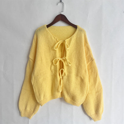 Einfarbiger Damen Cardigan Rundhals mit Schnürung