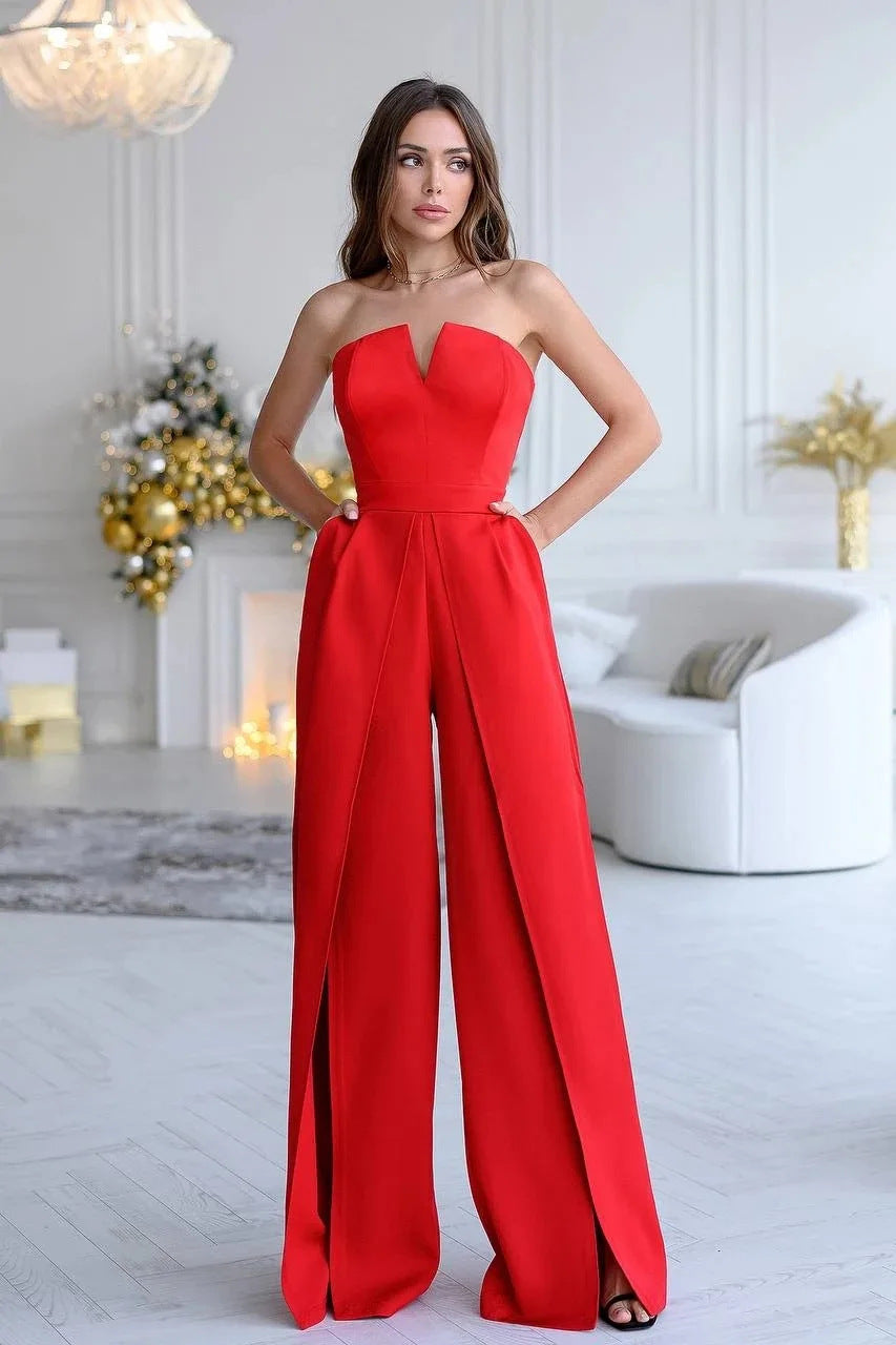 Damen Jumpsuit mit V-Ausschnitt und schwingendem Bein