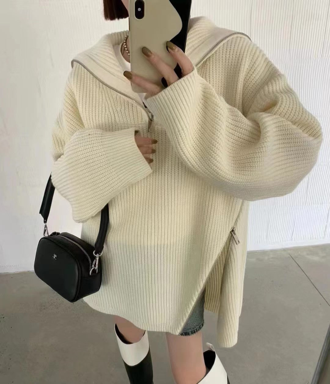 Damen Strickpullover Hochkragen Reißverschluss Beige