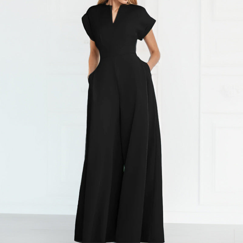 Damen Jumpsuit Weites Bein Eleganter Kragen Schwarz - Norvielle