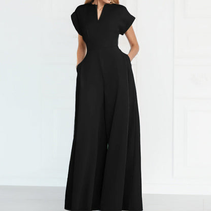 Damen Jumpsuit Weites Bein Eleganter Kragen Schwarz - Norvielle