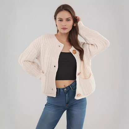 Damen Strickjacke Kuschelig Große Knöpfe Beige