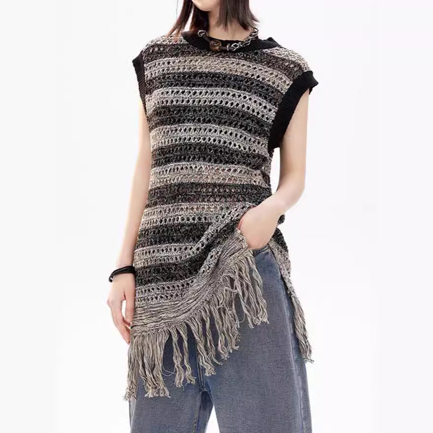 Damen Stricktop mit Fransen und Lochmuster Norvielle - Norvielle