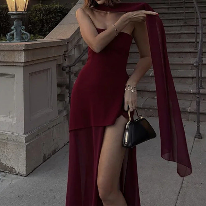 Damen Maxikleid Asymmetrisch Transparenter Überrock Norvielle