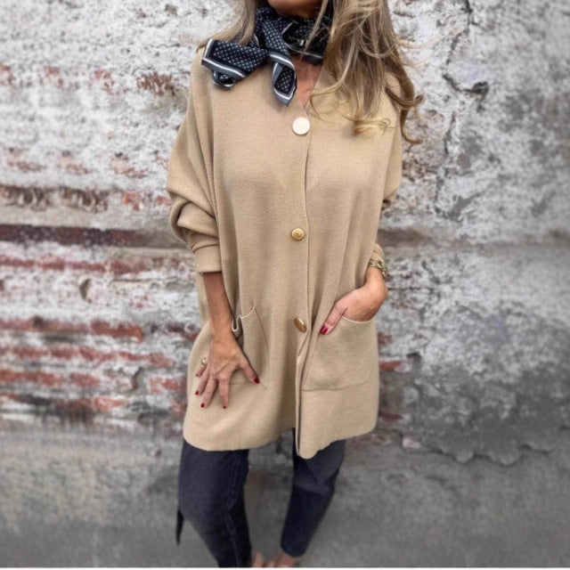 Damen Strickjacke mit Taschen und Knöpfen Elegant Beige