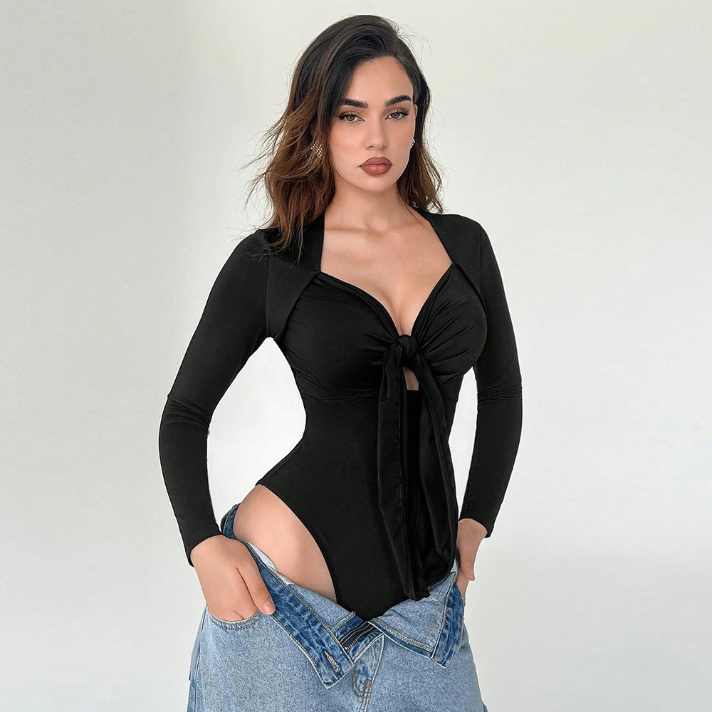 Damen Bodysuit Elegantes Design mit V-Ausschnitt und Knoten-Detail - Norvielle