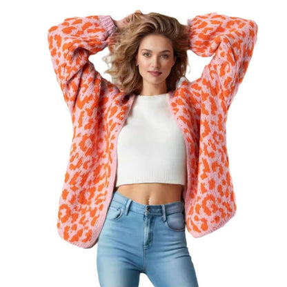 Damen Strickjacke Leopardenmuster Oversized Voluminöse Ärmel Norvielle