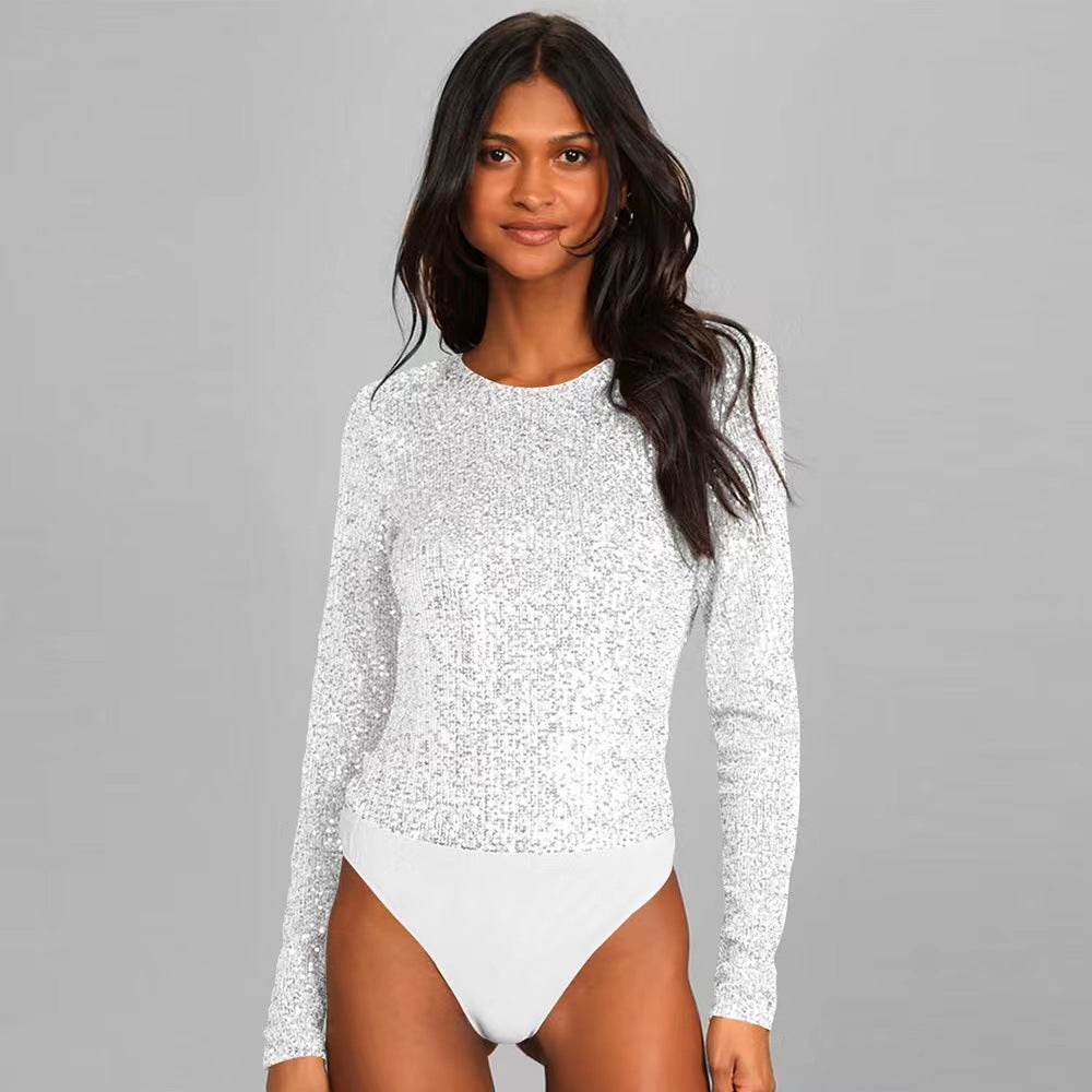 Damen Glitzerndes Bodysuit Längsärmig Schimmernder Stoff