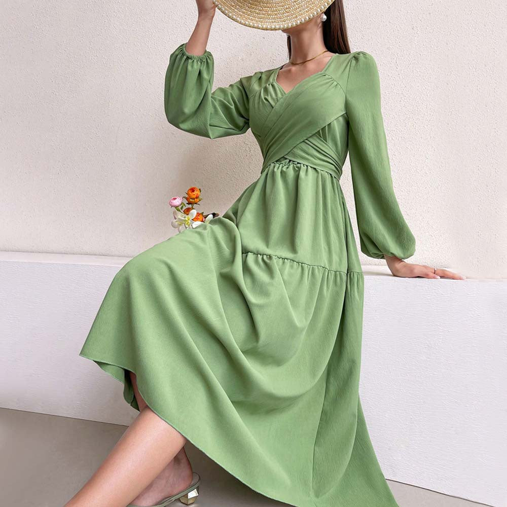 Damen Midikleid Wickeldetail Voluminöse Ärmel