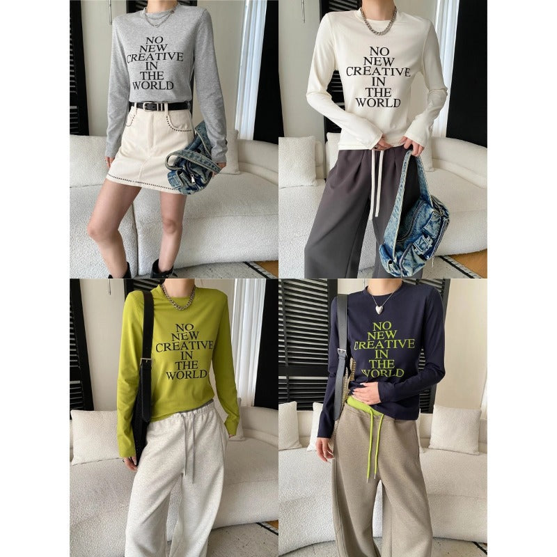 Damen Langarmshirt Kreativer Aufdruck Modischer Schnitt Weiß
