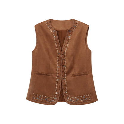 Damen Wildlederweste Elegant Stickerei Beige