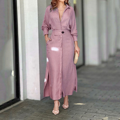 Damen Maxikleid V-Ausschnitt Gürtel Elegantes Kleid