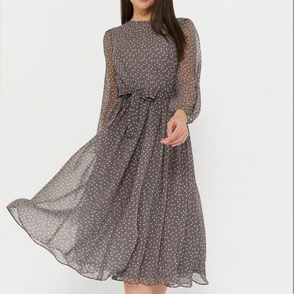 Damen Chiffonkleid Transparente Ärmel Taillierter Gürtel Norvielle - Norvielle