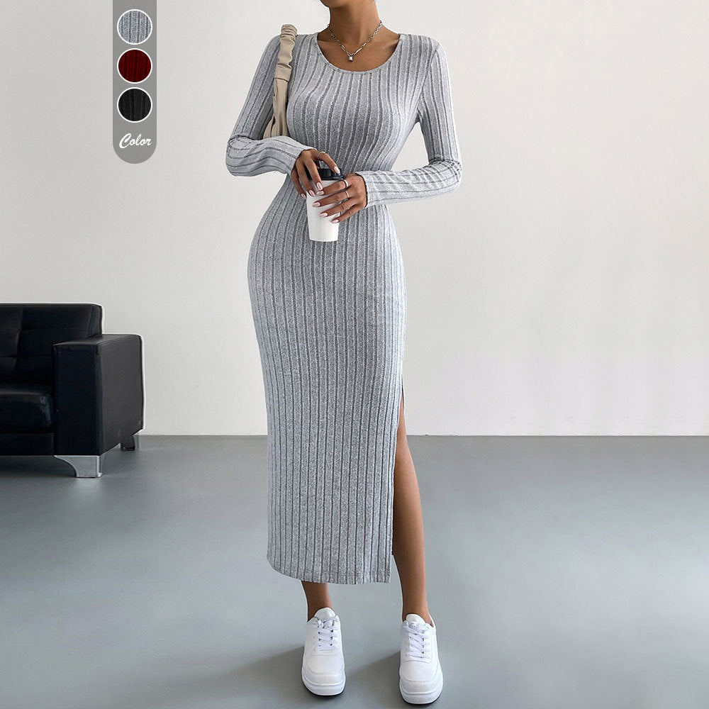 Damen Strickmaxikleid Langärmlig Mit Seitenschlitz Beige - Norvielle